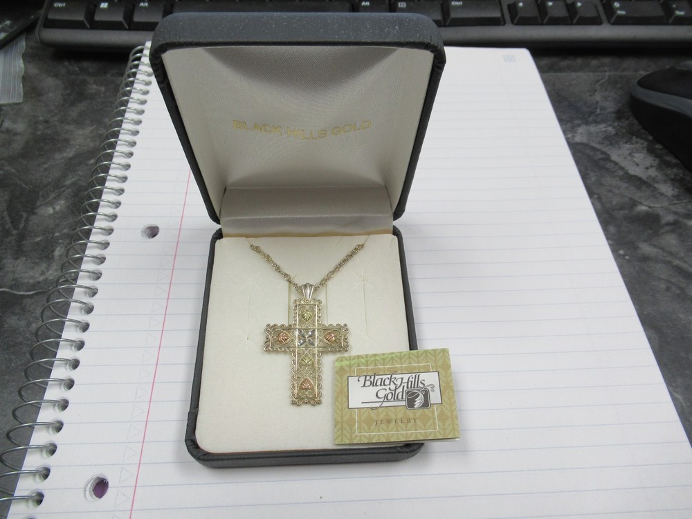 Vintage Sterling & 12K Black Hills Gold Cross Pendant & Sterling Necklace in Box