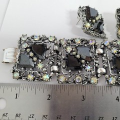 Wide Rhinestone Panel Bracelet 5 link & Earrings Set ab black rhinestones vtg