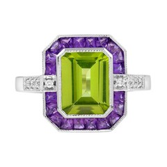 3Ct Art Deco Style Lab-Created Peridot & Amethyst Wedding 14K White Gold FN Ring