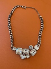 Vintage VCLM Silver Tone Metal Necklace w/ Clear Crystals / Glass