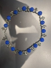 Vintage Cobalt Blue Glass Cabochon Fleur de Lis Silver Tone Link Necklace