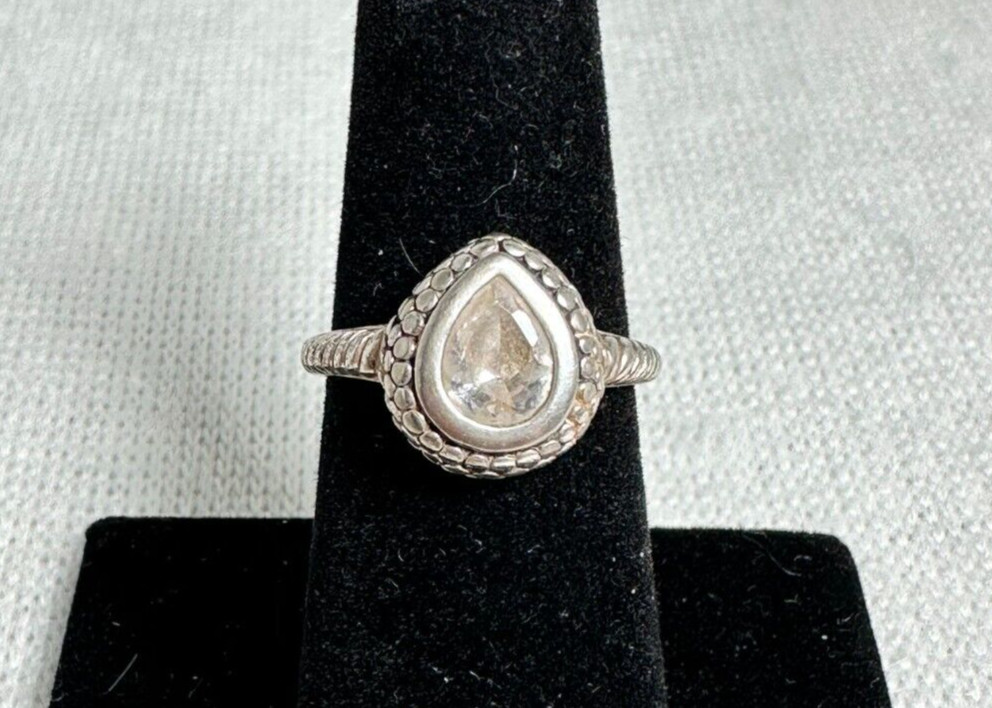 Sterling Silver Ring with Faceted Teardrop CZ Set in Stamped Silver – Size 6.25