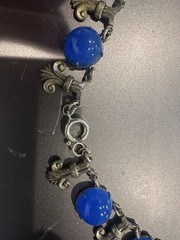 Vintage Cobalt Blue Glass Cabochon Fleur de Lis Silver Tone Link Necklace