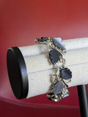 Vtg MCM Silver Tone GREY Blue Molded Thermoset Leaf Leaves Link 7¼” Bracelet