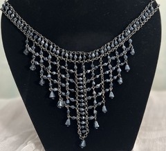 Vintage Black beaded bib statement necklace l glass beads l fringe l 11”