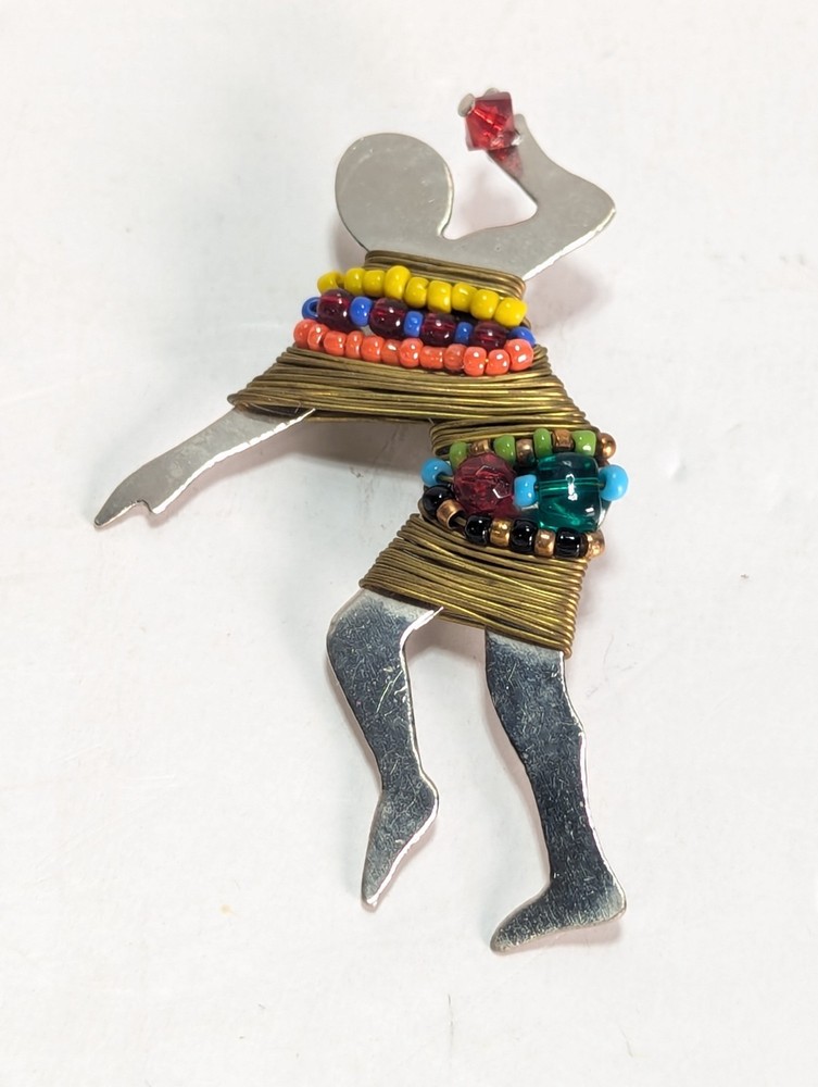Vintage Liz Tech Handmade African Tribal Dancer Beaded Metalwork Brooch Pin