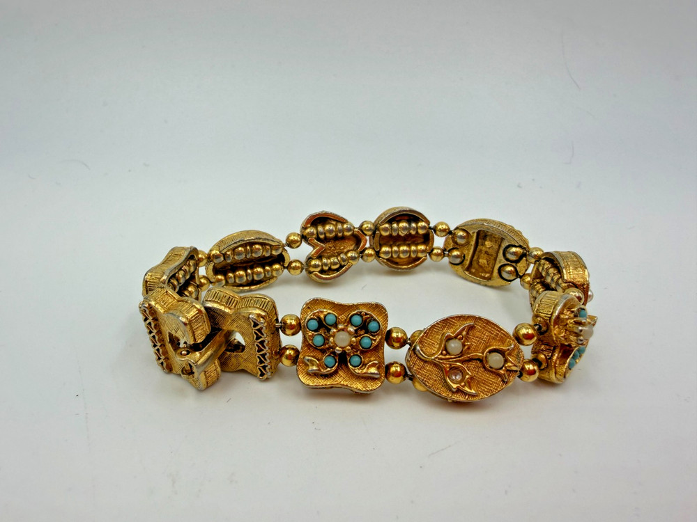 Vintage Bracelet Victorian Slide Charm Blue Bead Goldtone 6.5 inches