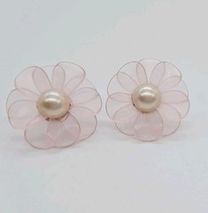 Pink Flower Earrings Pierced Faux Pearl Acrylic Silver tone Couture 1.25 in