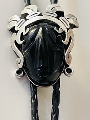 TAXCO CHEO 925 STERLING SILVER AZTEC BOLO BLACK ONYX? STONE LEATHER TIE SIGNED