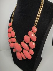 Orange Faceted Lucite & Gold Tone Metal Bib Statement Necklace 17″