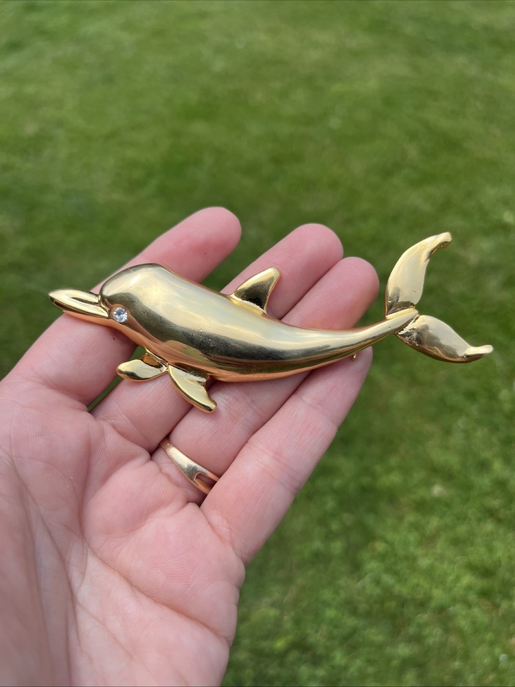 Gold-Tone Dolphin Pin w/ Faux Diamond Stone Eye Brooch Vtg 4.25″