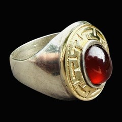 Sz 9 VTG Chateau d’Argent 14k & 925 Greek Key Red Cabochon Signet Ring 8.25g TW