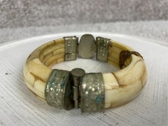 Bangle Bracelet Womens 3″ Ornate Brass Clamper Horn Bone Stone Gem