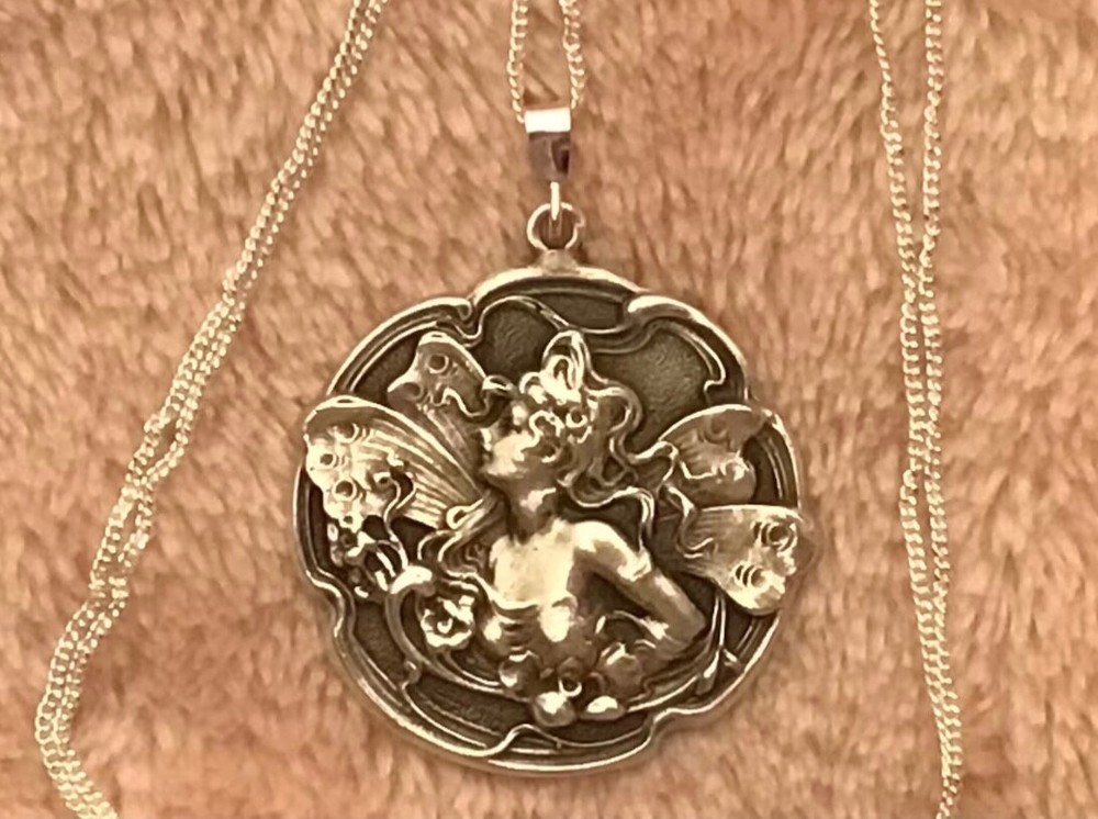 Large Sterling silver Art Nouveau revival fairy nymph button charm 18” pendant