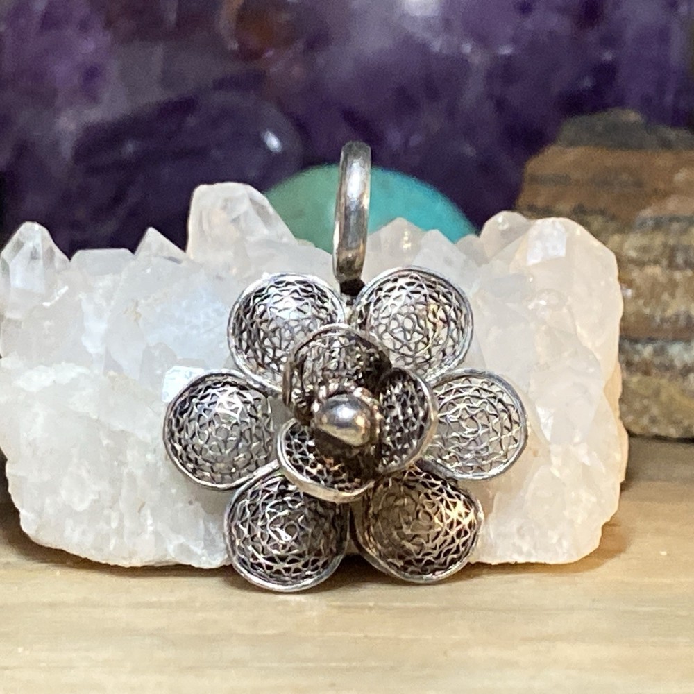 VTG Sterling Silver 3D Lace Filigree Rose Flower Pendant 1.25” AN823-30 N