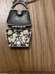 VCLM Tiny Purse Pendant Necklace Silver Tone Enamel Rhinestones Vtg Coquette