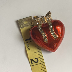 Vintage Red Enamel Puffy Heart with Rhinestone Gold tone Bow Pin Brooch