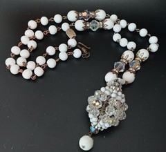 Vintage Milk Glass Acrylic Aurora Borealis Beaded Necklace Unique Pendant *As Is