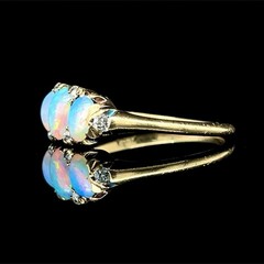 Victorian Cabochon Opal Old Mine Cut Diamond Band 14K Yellow Gold