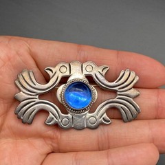 Vintage Mexico Icuala Blue Glass Sterling Silver Pin Brooch