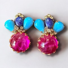 Scaasi Earrings Signed Poured Glass Clip On Pink Turquoise Vintage Statement