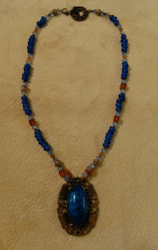Unique Custom Made Beaded Necklace W/vintage Stone Brooch As Pendant Blue
