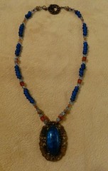 Unique Custom Made Beaded Necklace W/vintage Stone Brooch As Pendant Blue