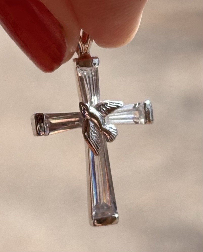 ATI ANNIKA WITT Sterling Silver Vtg Tapered Baguette Clear CZ Cross Dove Pendant