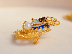 Chinese Cloisonne Brooch Dragon Pearl Filigree Silver Gold Plated Vintage Pin