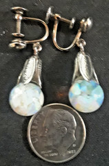 Vintage .925 Silver Opalite Floating Opal Chips In Glass Screw Back Earrings