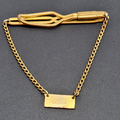 Retro Brass Open Metal Slide Bar with Draping Chain Plaque Vtg Tie Clip Clasp