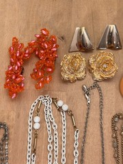 Large Lot of Costume Jewelry, Chains and Fringe Necklace, 10 Pairs Earrings