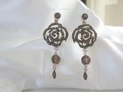 Vintage Sterling Silver 925 Floral Smoky Quartz Marcasite Drop Dangle Earrings