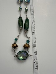 Vntg Long Green Faceted Crystal Bead Necklace Silver Tone Artisan Boho Layering