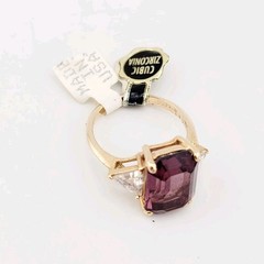 Vtg Sz 9 Ring Purple Clear Cubic Zirconia 18KGE Gold Electroplate Jewelry USA