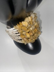 Vintage Tan Stone And White Beaded Layered Stretch Cuff Bracelet