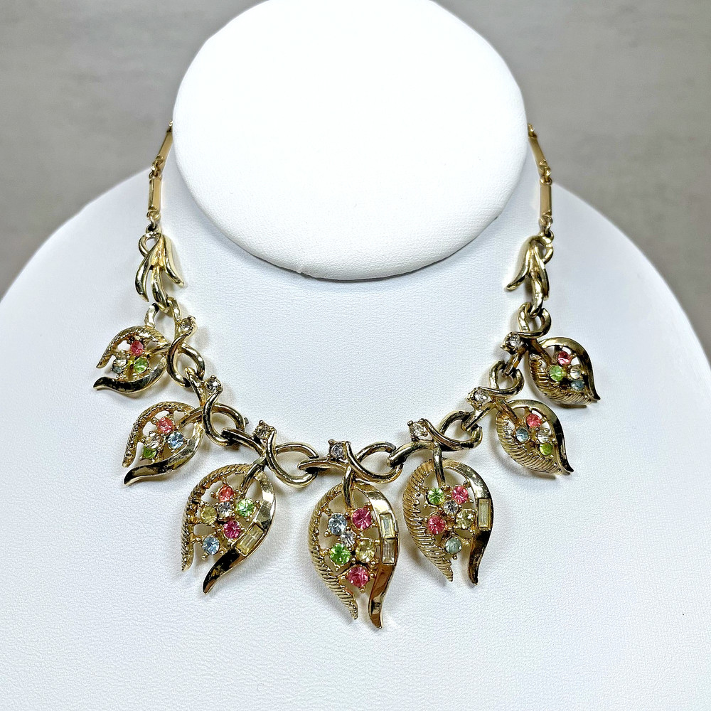 Vintage Gold Tone Multi Color Pastel Rhinestone Leaf Collar Choker Necklace 1950