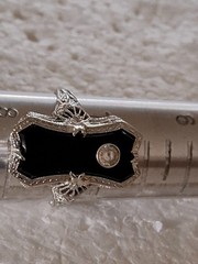 1920s Art Deco Solid 14K White Gold Filigree, Onyx Inlay & Diamond Ring 7.25
