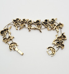 Cherub Angels Iridescent Glitter Wings Gold Tone Vtg Slide Bracelet 7.5 Inch