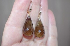 14K Gem Quality Micro Faceted Smokey Topaz Large Tear Drop Elongated Earrings