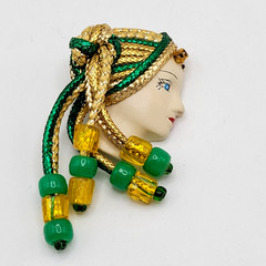 Lady Face Hand Painted Resin Braided Bead Long Hair Art Deco Revival Brooch Pin
