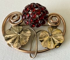 Vintage Arts & Crafts Floral 2 Tone Brass & Copper Cranberry Red Rhinestone Pin