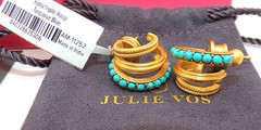 JULIE VOS 24K GP HYDRA TRIPLE HOOP Turquoise Blue Post Pierced GOLD EARRINGS NIB