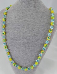 34″ Bright Yellow Blue & White Millefiori Art Glass Bead Necklace