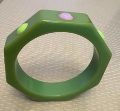 Vintage Bakelite Bangle Green Octagon Inlay Polka Dots Bracelet TESTED
