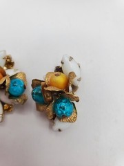 Vintage Jewlery Brooch Earring Set Clip On Gold Blue Beads Women Accessory
