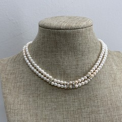Vintage 80s faux pearl rhinestone double strand necklace in gold tone metal