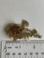 Vintage Flower 2.5” Pin & 1” ER W/ Natural Tigers Eye Stone & Gold Rhinestones