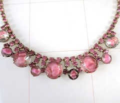 Vintage Pink Rhinestone Choker Necklace Mid Century Statement