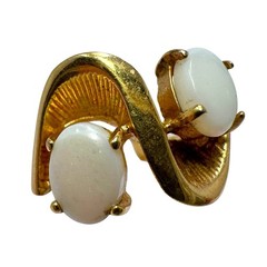 Vtg 18K HGE Gold Tone Ring Twin Oval Opalite Textured Swoop Asymmetrical Band 6